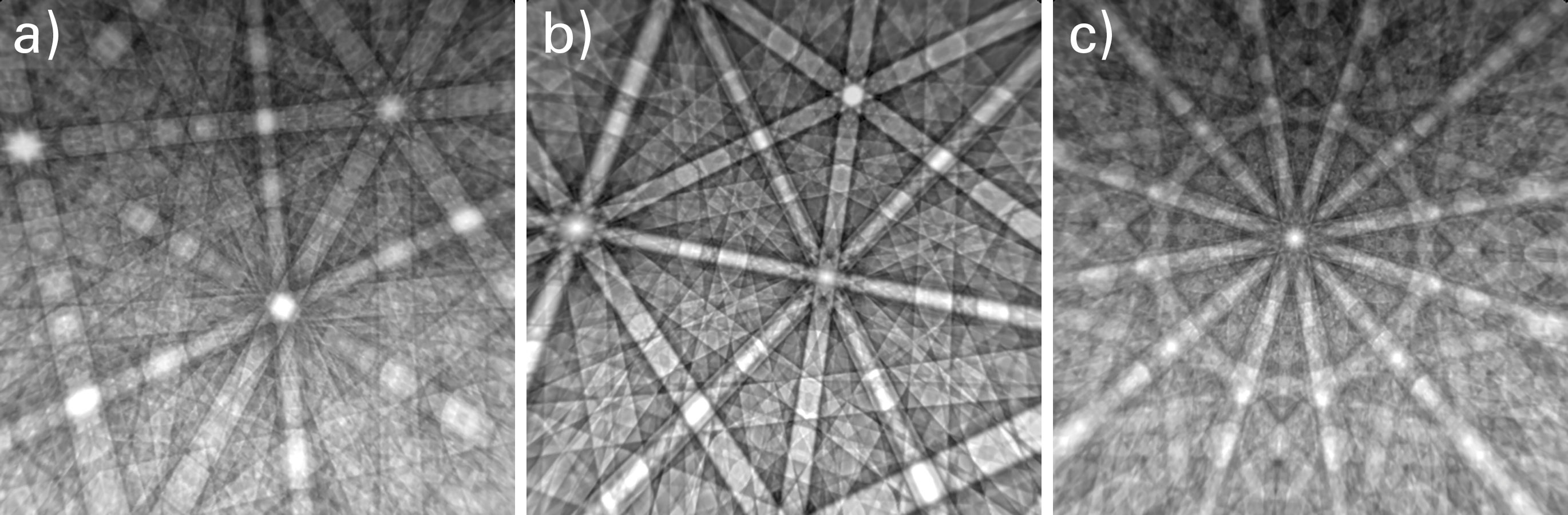 使用OIM Matrix，通过动力学模拟的菊池花样：（上）Cr<sub>23</sub>C<sub>6， （中）TiN，和（下）钢铁材料里的Sigma相