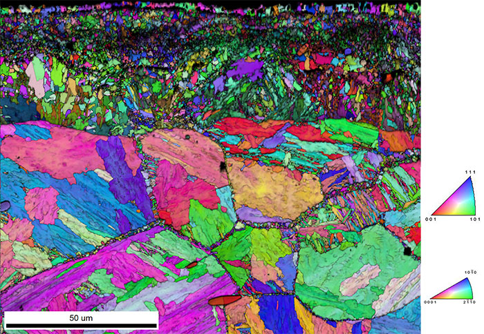 EBSD Image Quality and IPF Orientation map of a nitrided surface of a steel sample where combined EDS – EBSD information was used to differentiate similar crystallographic phases.