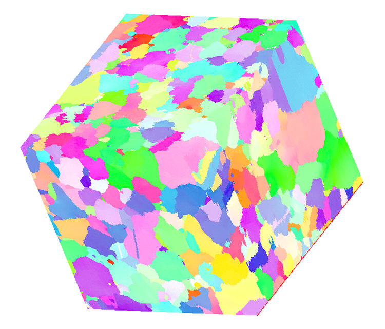 3D IPF 彩色取向分布图，相对于打印 (Z) 方向。
