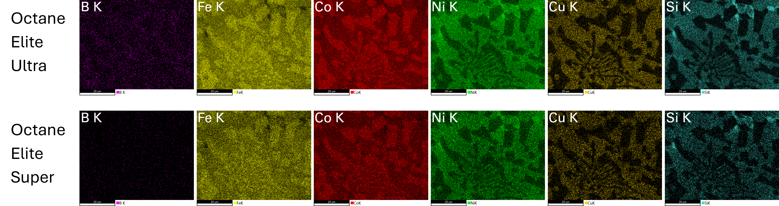 在20 kV下采集的高熵合金元素分布图，像素分辨率256 x 200，总曝光时间为3分40秒。