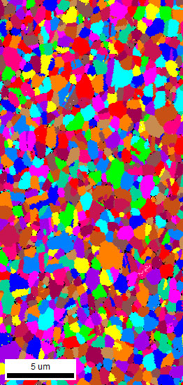 图 2. EBSD 晶粒图，其中晶粒由测量的取向确定，然后随机着色以显示晶粒形貌。