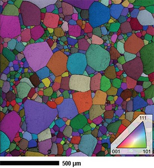 Orientation map overlaid on an intensity map based on EBSD pattern quality on a hot-pressed MgAl2O4 sample. Analysis of the EBSD data obtained for this sample showed very little preferred orientation of the constituent crystals and that the misorientation at the grain boundaries was random. Ting and Lu [11] have studied the role of grain boundaries and sub-grain boundaries on the evolution of microstructure in these materials using selected area diffraction in the TEM. EBSD is an ideal tool for expanding the study of grain boundaries in these materials as it can analyze many boundaries relatively easily, allowing for statistical analysis of grain boundary misorientation [12].