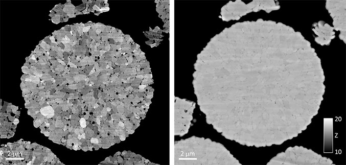 Backscattered electron (BSE) images of an individual NMC secondary particle were collected using the OnPoint detector. A qualitative BSE image captured at a microscope accelerating voltage of 3 kV (a) reveals that each NMC secondary particle consisted of several hundred smaller primary particles of similar size and shape. A quantitative BSE image captured at a microscope accelerating voltage of 10 kV (b) revealed little-to-no variation in the mean atomic number within an individual secondary particle.