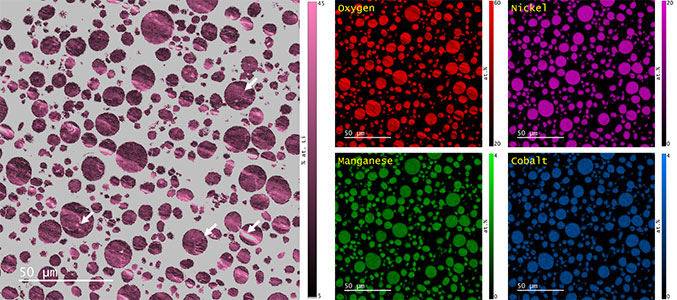 (left) Map of the Li content in NMC 811 particles and (right) re-scaled Ni, Mn, Co, and O elemental maps after accounting for the Li content. Note that the grey color in the lithium map corresponds to regions of the sample that were not suitable for analysis by Cipher due to the significant fraction of H in the epoxy.